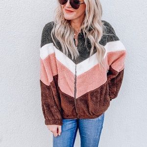 Fuzzy color block zip up